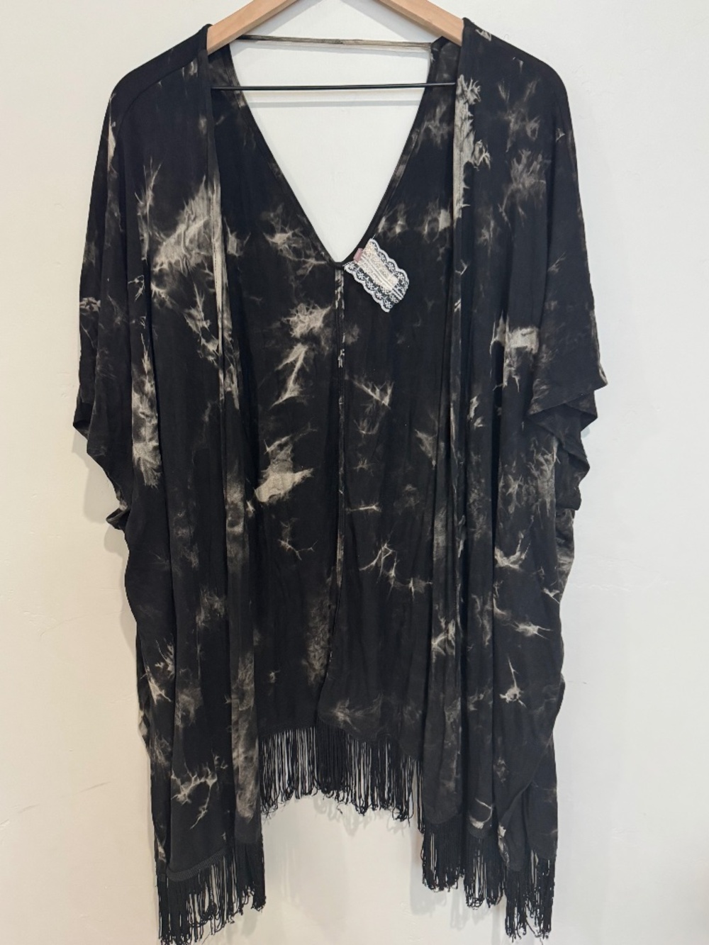 Mauve Black Tie Dye Kimono Cover Up with Fringe Hem Size XL Boho Festival Duster